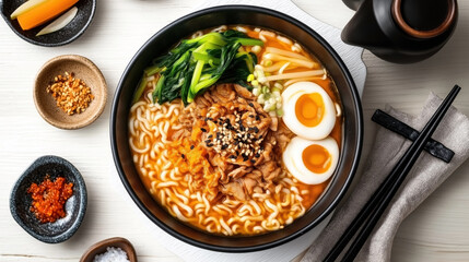 Wall Mural - Traditional Japanese food Ramen. The bowl contains noodles in broth, soft-boiled eggs, sliced pork, green vegetables, and garnished with sesame seeds and spring onions.