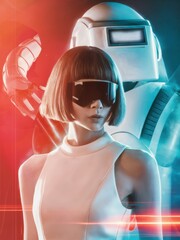 Canvas Print - A woman in a white shirt and sunglasses standing next to an android, AI