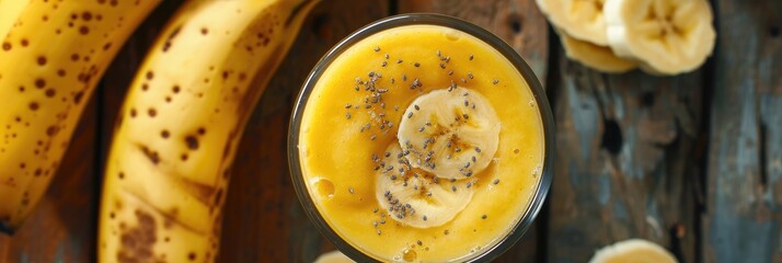 Canvas Print - Fresh Banana Fruit Juice Smoothie in a Glass from Above Square Healthy Beverage