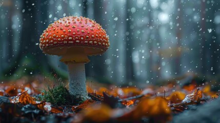 Canvas Print - A Single Red Mushroom in a Snowy Forest