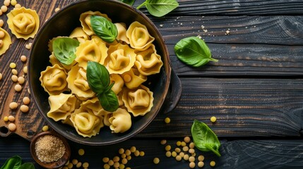 Wall Mural - Delicious tortellini pasta on a rustic wooden table. This vibrant food image showcases fresh ingredients. Styled for culinary inspiration and gourmet cuisine. Perfect for food blogs and cookbooks. AI