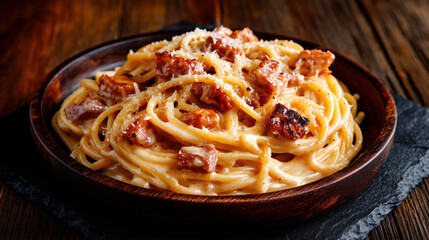 Sticker - Traditional Italian food Pasta Carbonara with creamy sauce, pancetta or guanciale, and grated cheese served in a wooden bowl on a wooden table.