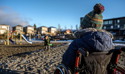 Canvas Print - A person in a wheelchair watches children playing at a playground. AI.