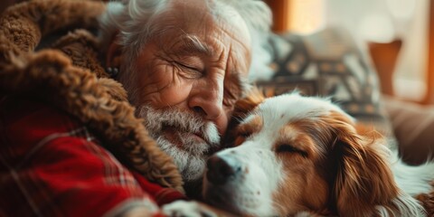 Poster - An elderly man and his dog are napping together. AI.