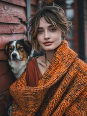 Canvas Print - A woman with a dog wrapped in a warm orange blanket. AI.