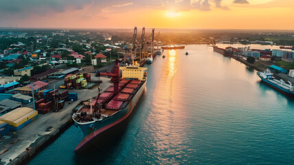 Wall Mural - Large cargo ship parked at a lively port, surrounded by activity and industrial structures.