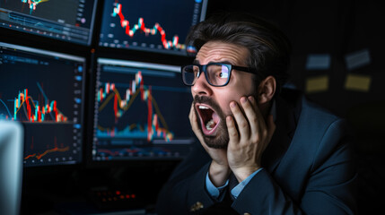 Poster of worried man at computer monitors after receiving news
