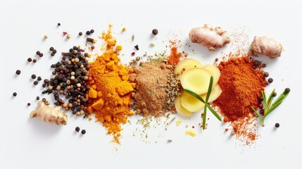 Wall Mural - A selection of colorful spices arranged on a white surface