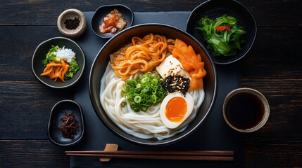 Traditional Japanese food Udon with thick wheat noodles, boiled egg, green onions, seaweed, tofu, sesame, pickled vegetables, and dipping sauce.