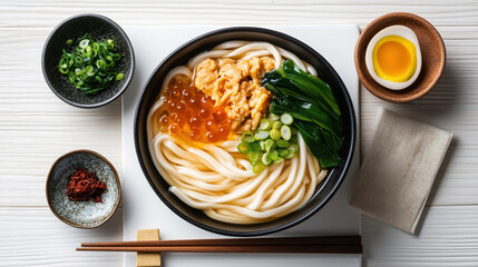 Wall Mural - Traditional Japanese food Udon. This dish features thick wheat noodles in a savory broth, topped with green onions, seaweed, fish roe, and a custardy half-boiled egg.