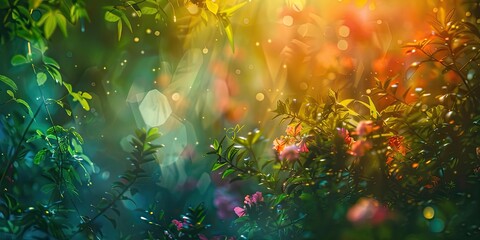 Sticker - Green leaves and pink flowers with bokeh.