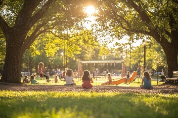 Joyful Children Playing in a Sunlit Park Filled with Swings and Slides