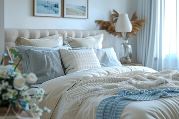 Wall Mural - Cozy Bedroom with Blue and White Bedding