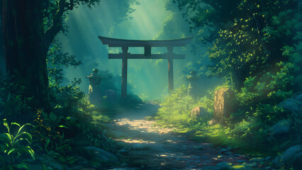 Wall Mural - Shinto shrine archway (Torii) landscape image. Styled like an anime or game background. Blue sky, sunset, sunrise, night, fog, snow, rain, cloudiness, autumn leaves, rainbow, etc.