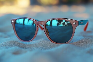 Trendy Colored Sunglasses on Sandy Beach: A Stylish Summer Fashion Statement