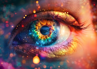 Wall Mural - Vibrant human eye surrounded by kaleidoscopic dust particles exploding in a mesmerizing multicolor background, perfect for fantasy, magic, and futuristic themes in 4K animation videos.