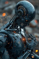 Poster - A detailed close-up of a futuristic robot's head and hand. AI.