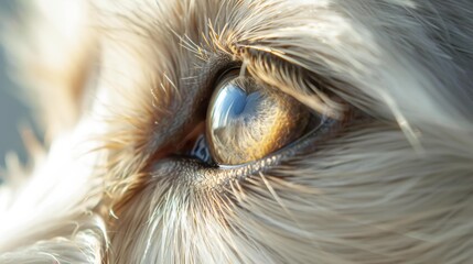 Poster - A close-up of a dog's eye, capturing the details of its fur and the reflection in its pupil. AI.