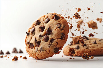 Chocolate chip cookie with explosion isolated on white background