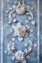 Wall Mural - A single white rose is placed on a bright blue painted wall, simple and elegant