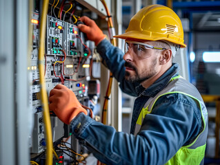 Poster - male commercial electrician at work on a fuse box in factory, adorned in safety gear,genertative ai