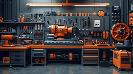 Industrial Workshop with Orange and Gray Color Scheme - 3D Illustration