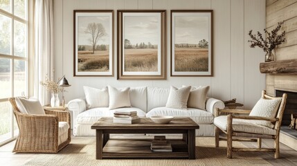 Wall Mural - farmhouse art display, a collection of rustic farmhouse art prints, showcased in a gallery wall arrangement, enhances the room with a nostalgic feel