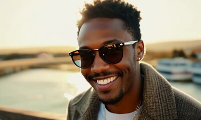 Wall Mural - Portrait of happy african american man wearing sunglasses and coat smiling at camera while standing on the pier