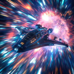 Wall Mural - a spaceship is speeding at light speed through a holographic galactic vortex. generative ai