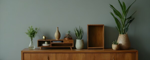 Wall Mural - Wooden cabinet and accessories decor in living room interior on empty soft grey wall background.