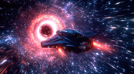 Wall Mural - a spaceship is speeding at light speed through a holographic galactic vortex. generative ai
