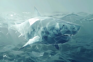 Wall Mural - Polygonal Ice Shark in Frozen Geometric Underwater Seascape