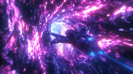 Wall Mural - a spaceship is speeding at light speed through a holographic galactic vortex. generative ai