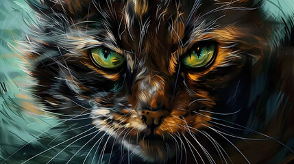 Wall Mural - A painting, it shows a close-up of a cat's face with the angry, aggressive look of a predator. 