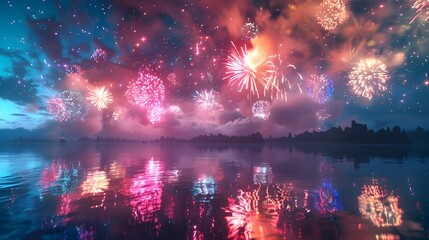 Wall Mural - Captivating Fireworks Display Reflecting on Serene Lake at Night