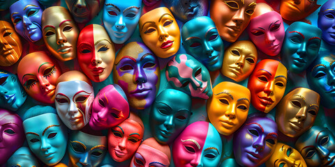 Wall Mural - Colorful masks with diverse facial expressions scattered around a blank space, symbolizing the artificial display of emotions, concealing true feelings behind a pretended persona.