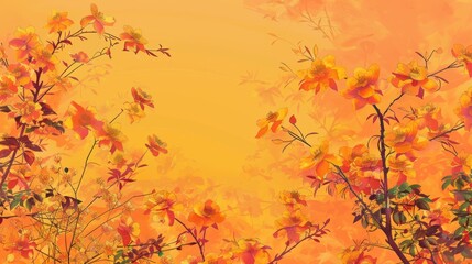 Poster - Orange floral background with soft, watercolor-like flowers.