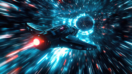 Wall Mural - a spaceship is speeding at light speed through a holographic galactic vortex. generative ai