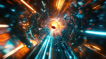 Wall Mural - a spaceship is speeding at light speed through a holographic galactic vortex. generative ai