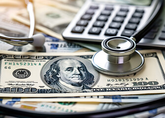 A close-up of medical expenses concept with a stethoscope, calculator, and US dollar bills on a medical billing statement, depicting the financial aspect of healthcare.