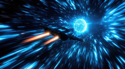 Wall Mural - a spaceship is speeding at light speed through a holographic galactic vortex. generative ai