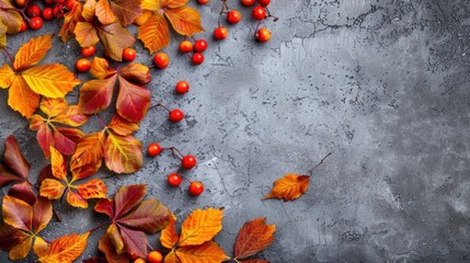 Poster - Autumn leaves and berries on a grey background, with copy space.