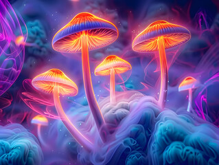 Wall Mural - Vibrant neon-lit psilocybin mushrooms emit an otherworldly glow, surrounded by swirling mist and mesmerizing patterns, creating a surreal and enchanting atmosphere of mystery and wonder.