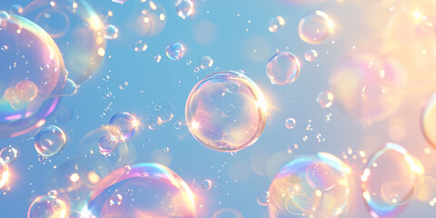 dreamy iridescent soap bubbles floating in pastel blue sky fantasy background
