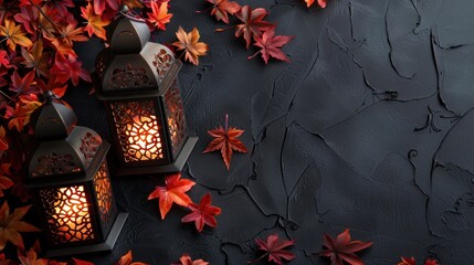 Poster - Two lit lanterns with autumn leaves on a black background.