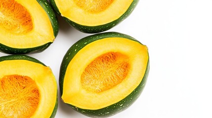 Wall Mural - Detailed close-up of acorn squash halves, showing the transition from green skin to bright orange flesh. Isolated on a clean white background