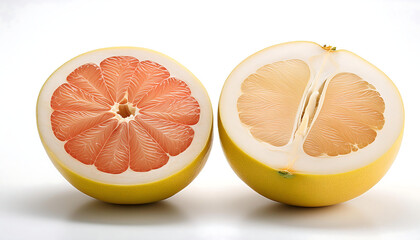 A Whole and a Halved Pomelo Isolated on White Background.