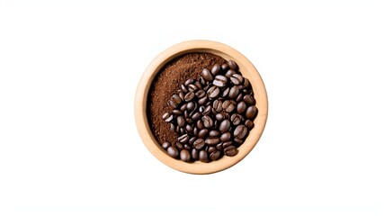 Wall Mural - Roasted coffee beans with coffe powder in wooden bowl isolated on white background.