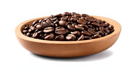 Wall Mural - Roasted coffee beans with coffe powder in wooden bowl isolated on white background.