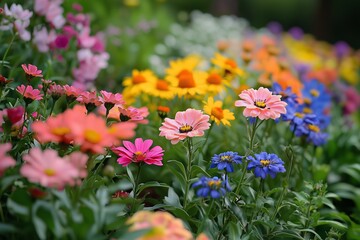 Wall Mural - Vibrant Summer Garden: A Lush Display of Blooming Flowers and Greenery